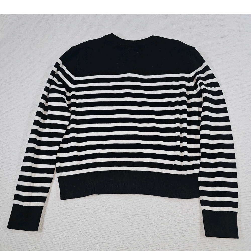 Cardigan Button Sweater Black White Stripe XL Nautical Preppy Classic Old Money - Picture 2 of 5